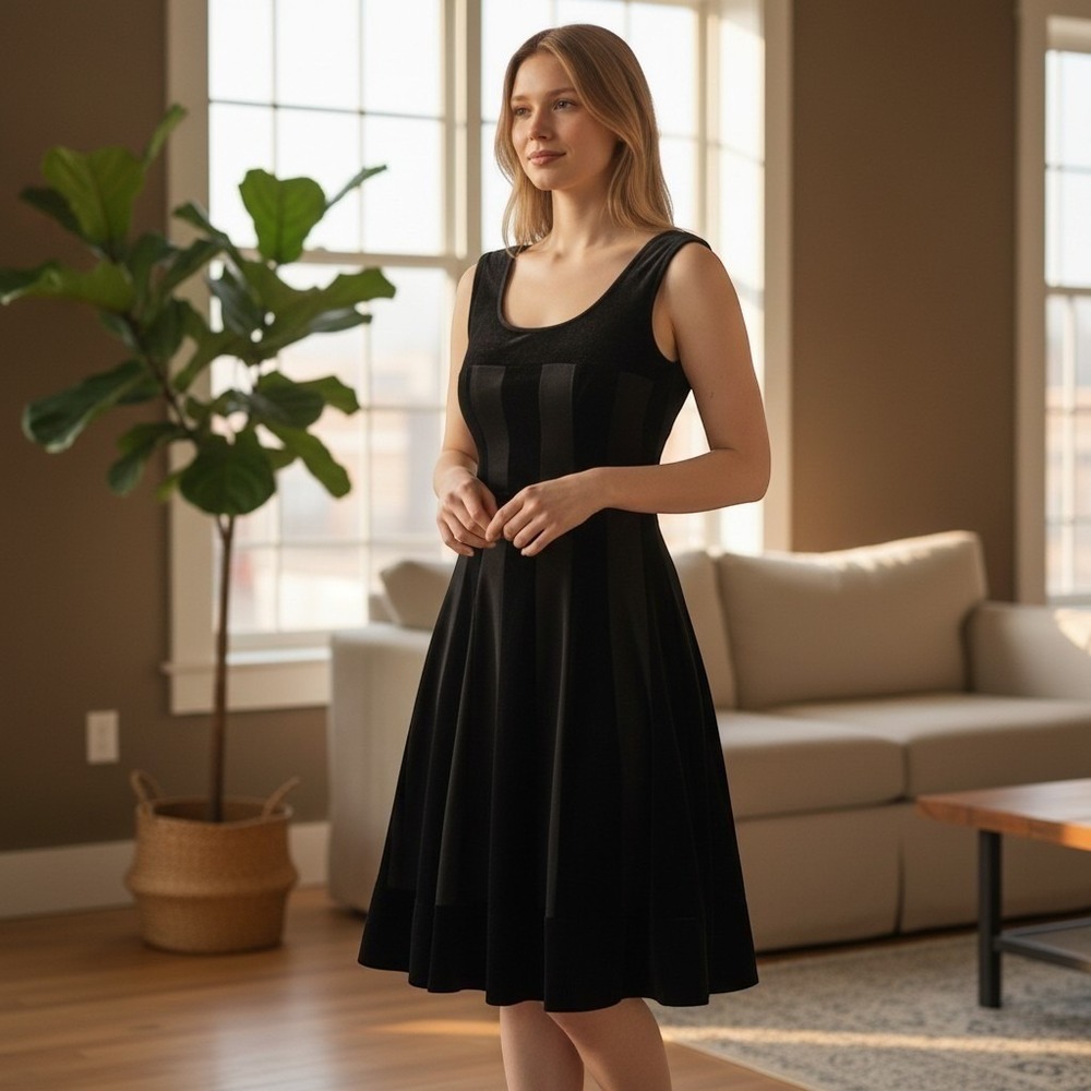 Connected‎ Apparel Black Sleeveless Textured Panel Sheath Dress Slimming  LBD 8